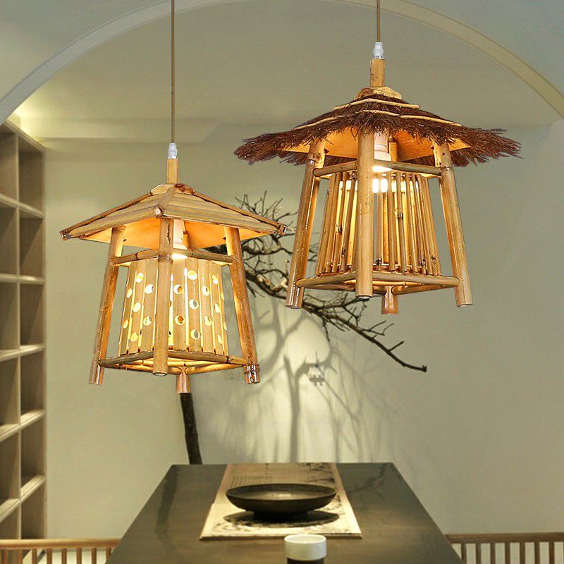 Padiglione giapponese Luce a sospensione Bamboo Sala da tè a 1 luce Apco di soffitto in legno