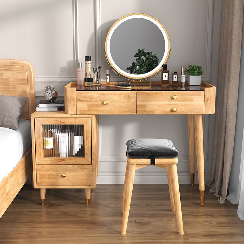 Glass Vanity Table Drawers Stool Vanity Set with Lights Mirror