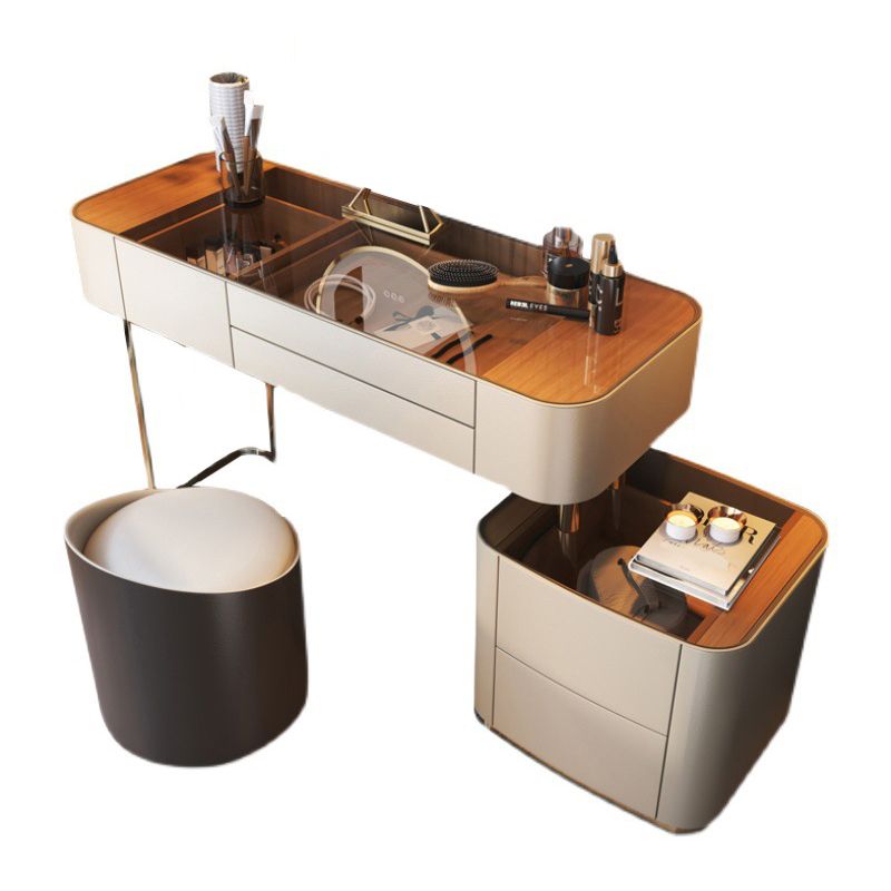 Glass Vanity Desk with 5 Storage Drawers 16.14" Wide Cream Wood Vanity Set