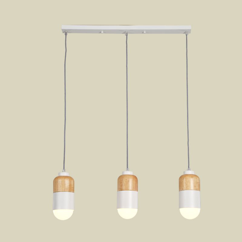 Capsule LED Cluster Pendant Modernisme Métal 3 ampoules Blanc et pendentif en bois Lumière sur la table à manger