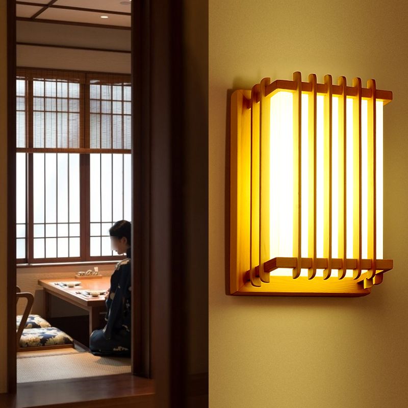 Japanese Style Wooden Wall Light Cuboid LED Wall Lamp with PVC Shade for Living Room