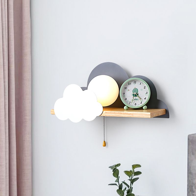 Luz de pared de la cadena de glóbulos Macaron ópalos esbelto de vidrio helado de color rosa/gris/blanco con diseño de nubes y estante de madera