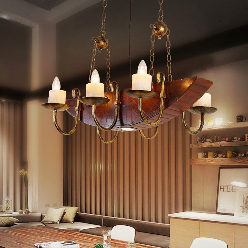 Antique Brass Candle Chandelier Lamp Rustic Metal 6-Light Living Room Hanging Light with Wooden Shelf