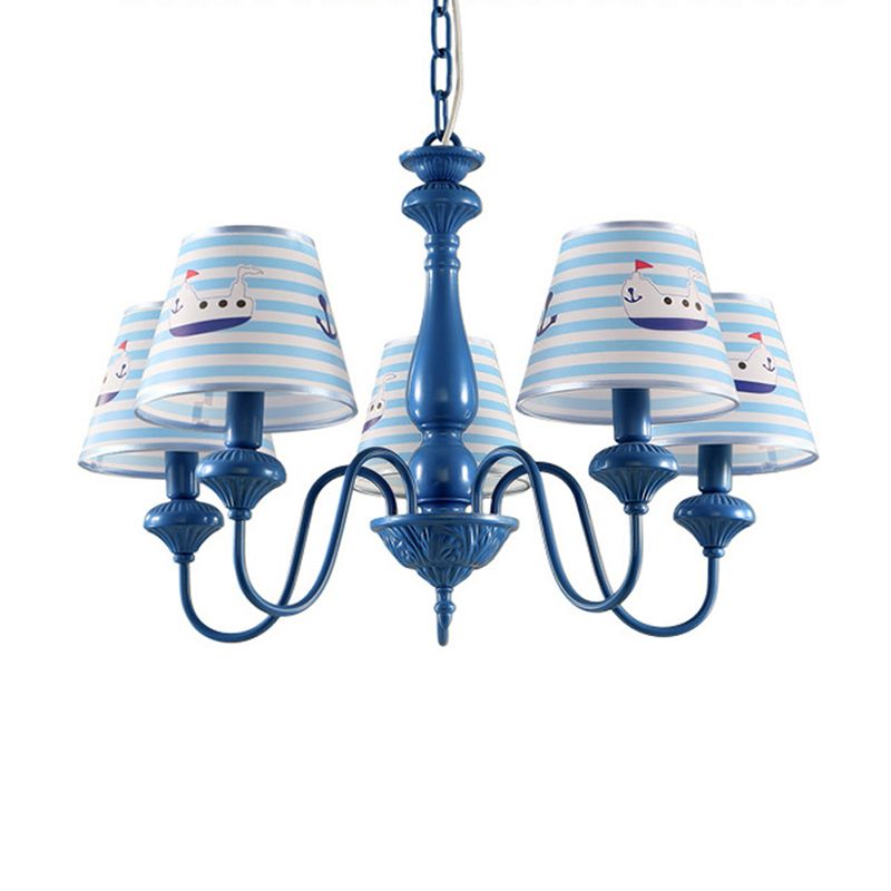 Modern Empire Shade Ceiling Lighting Patterned Fabric 5 Heads Child Room Chandelier Light Fixture in Blue