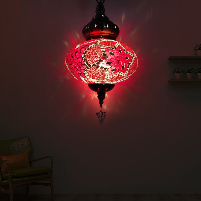 1/4 Bulbs Globe Ceiling Light Traditional Red/Orange/Blue Glass Pendant Lighting Fixture for Living Room