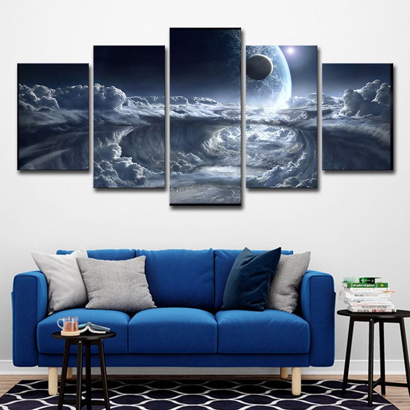 Science Fiction Space Canvas Art Blue Cloud and Planet Print Wall Decor for Bedroom