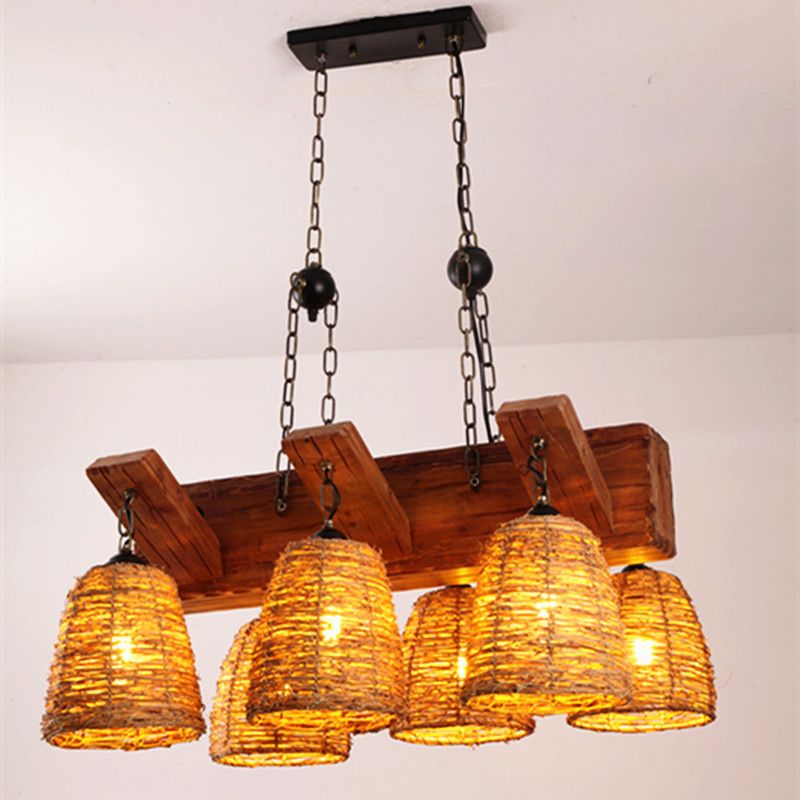 Brown Tapered Suspension Light Fixture Asia Rattan Island Lighting for Dining Room