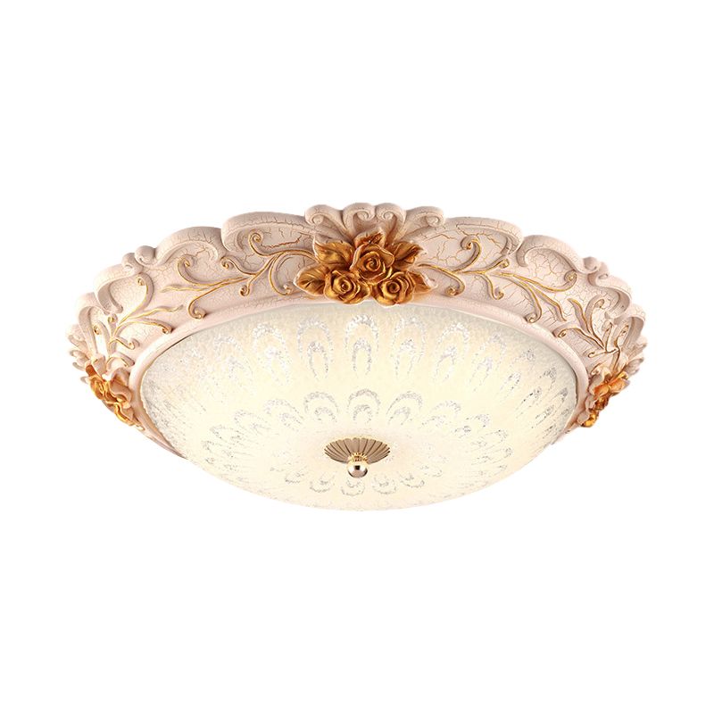 12"/16"/19.5" Width LED Flush Mount Lighting with Domed Shade Opal Blown Glass Retro Living Room Ceiling Lamp in White-Gold