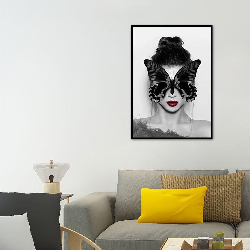 Schmetterlingsmaske Mädchen Wanddekoration Vintage Leinwand Strukturgemälde in Grau, mehrere Größen