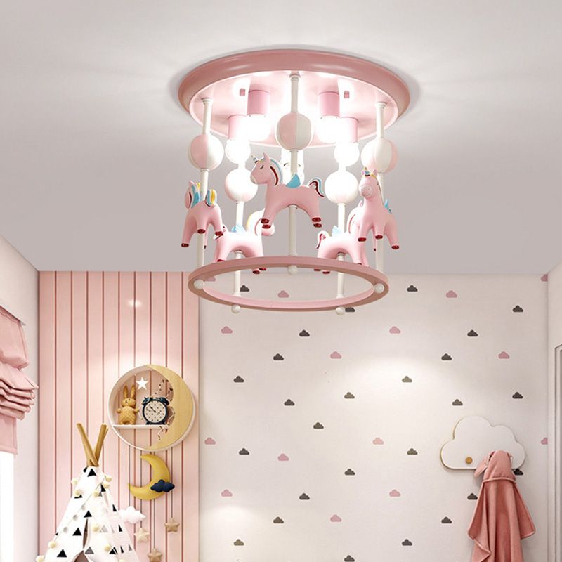 Merry-Go-Round Nursery Flush Ceiling Light Resin 6 Heads Kid Semi Flush Mount Light Fixture