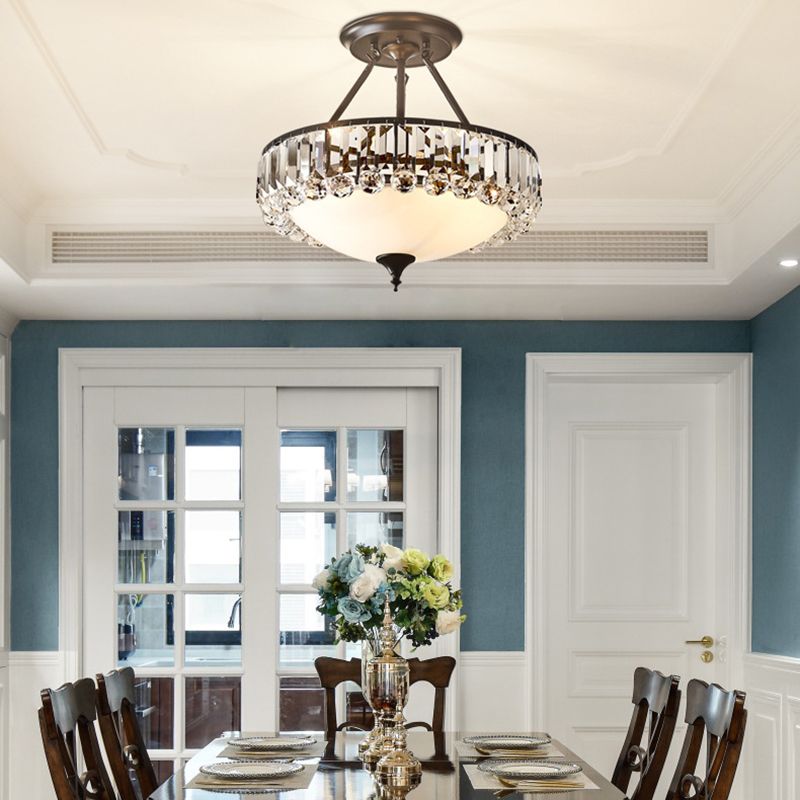 Vintage redondo semi descarga clara de cristal transparente K9 y vidrio de leche 4 luces accesorio montado en el techo en acabado negro