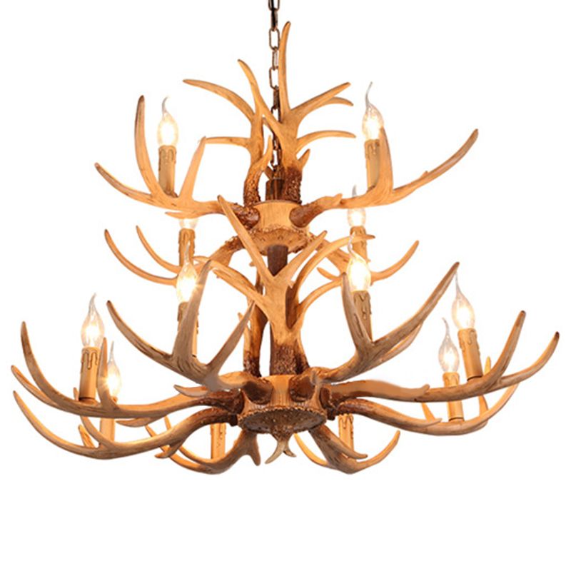 Deer Horn Resin Ceiling Lighting Traditional Restaurant Chandelier Light Fixture in Yellow