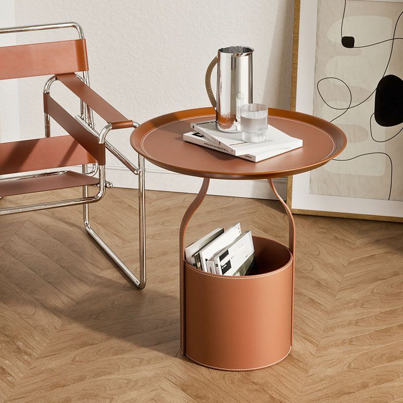 Metal Round Tray Top Side Table 20.9" Tall Leather Pedestal End Table with Storage