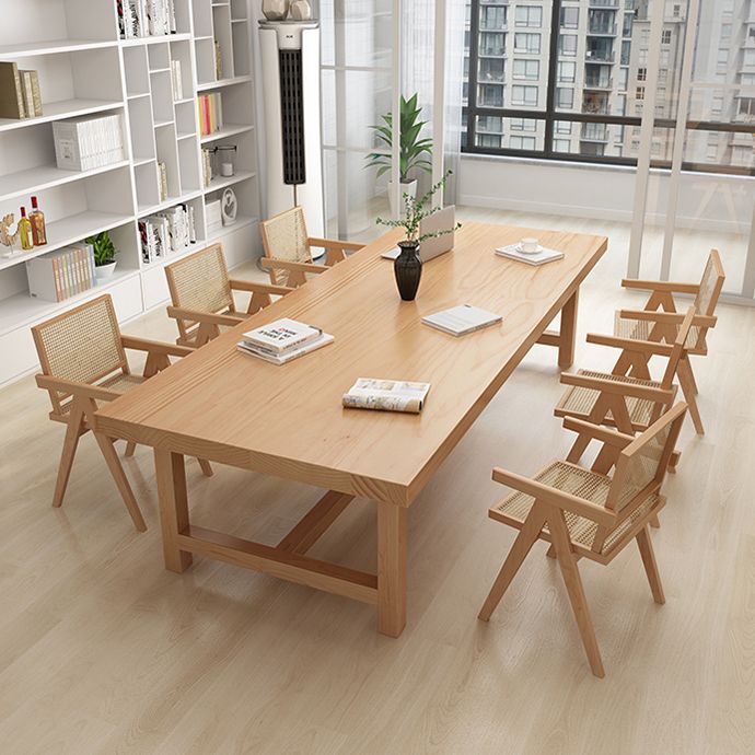 Rectangle Industrial Dining Room Table Pine Solid Wood Table with Trestle Base