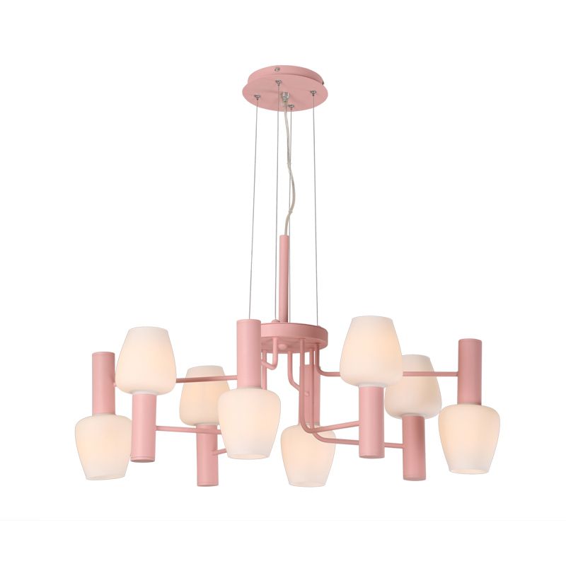 Grey/Pink/Yellow Conical Chandelier Lamp Modernist 8 Heads Frosted Glass Hanging Light for Living Room
