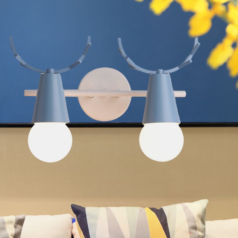 2 Heads Cone Wall Light with Antlers Contemporary Metal Wall Sconce for Study Room