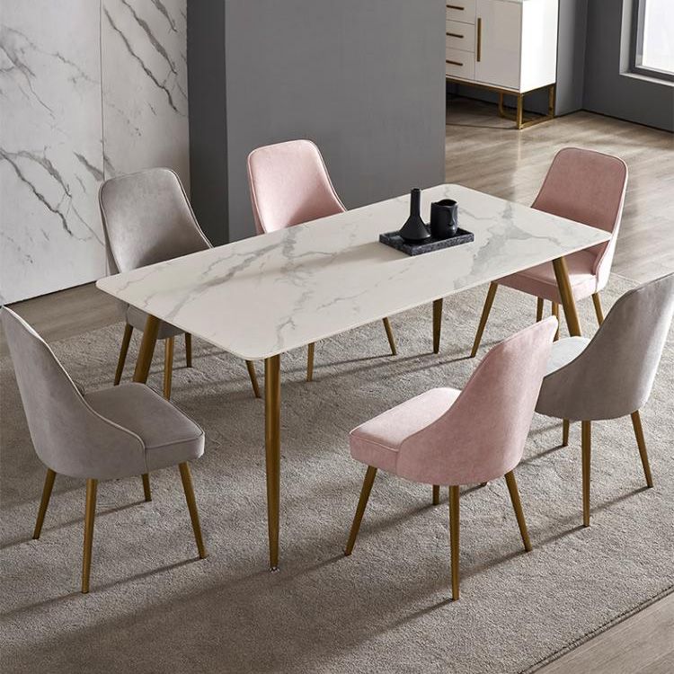 Traditional Luxury Rectangle Dining Table White Sintered Stone Table with 4 Gold Legs