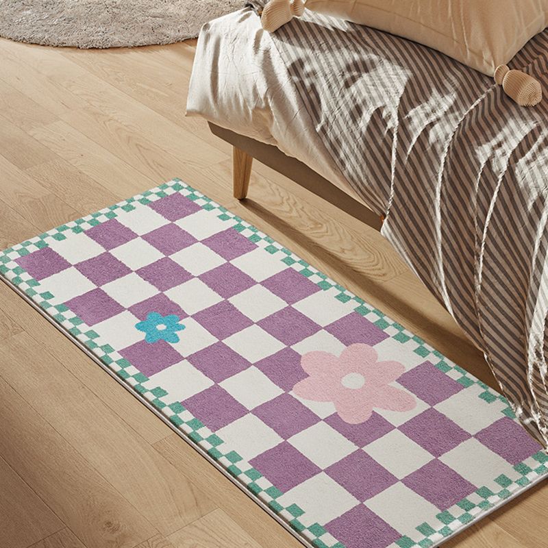 Dark Purple Grid Rug Polyester Nordic Rug Non-Slip Backing Rug for Home Decor