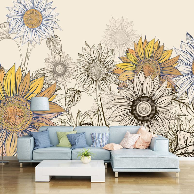 Modern Sketch Sunflower Mural Decal for Bedroom Personalized Wall Art in Yellow-Blue