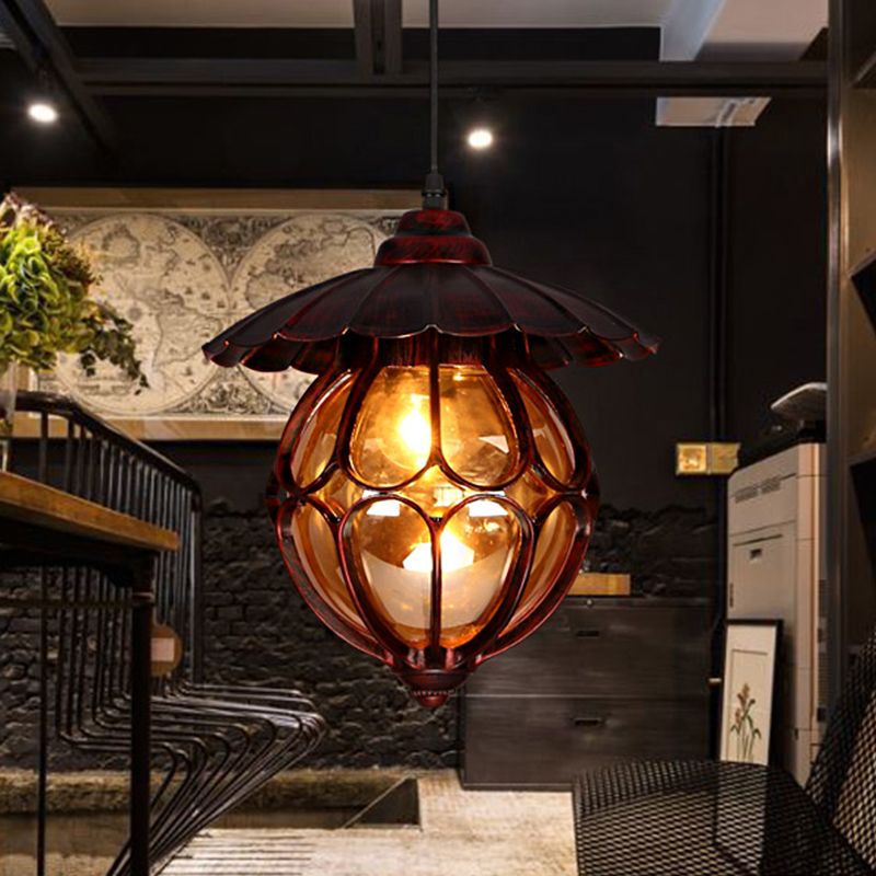 Industrial Global/Ring Hanging Light Cognac Glass Shade Kitchen Pendant Lighting in Copper with 23.5" Adjustable Chain