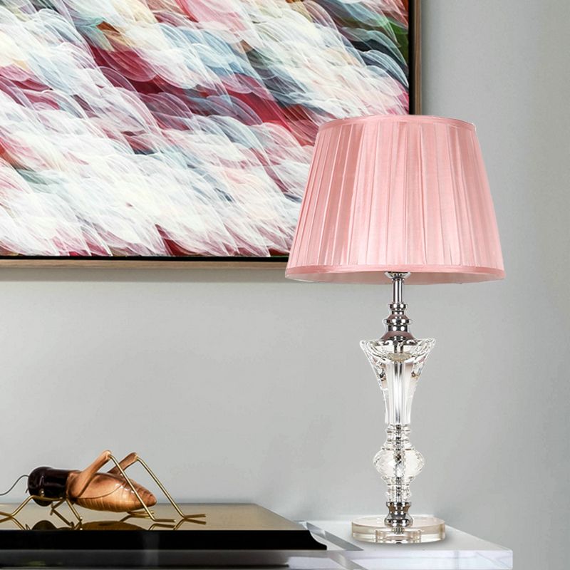 Single Head Table Light Countryside Conical Fabric Night Lamp in Pink/Blue/Beige with Clear Crystal Base