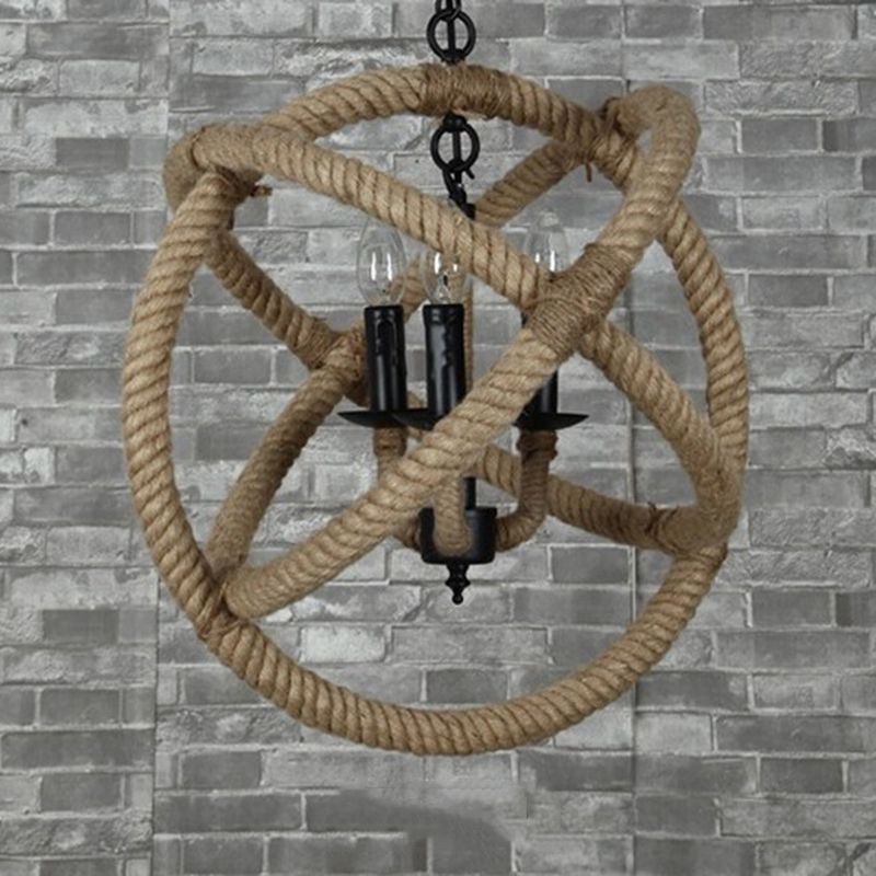 Rope Antique Cage Chandelier 3-Light Hanging Pendant Lights for Dining Room