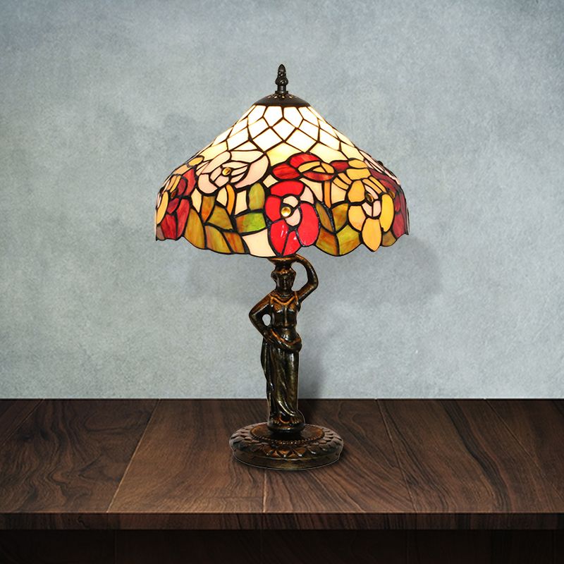 Lampada da scrivania con motivo uccello/uva/fiore con base per donne che lavorano, lampada da scrivania in vetro colorato Tiffany rustico a 1 testa per camera da letto