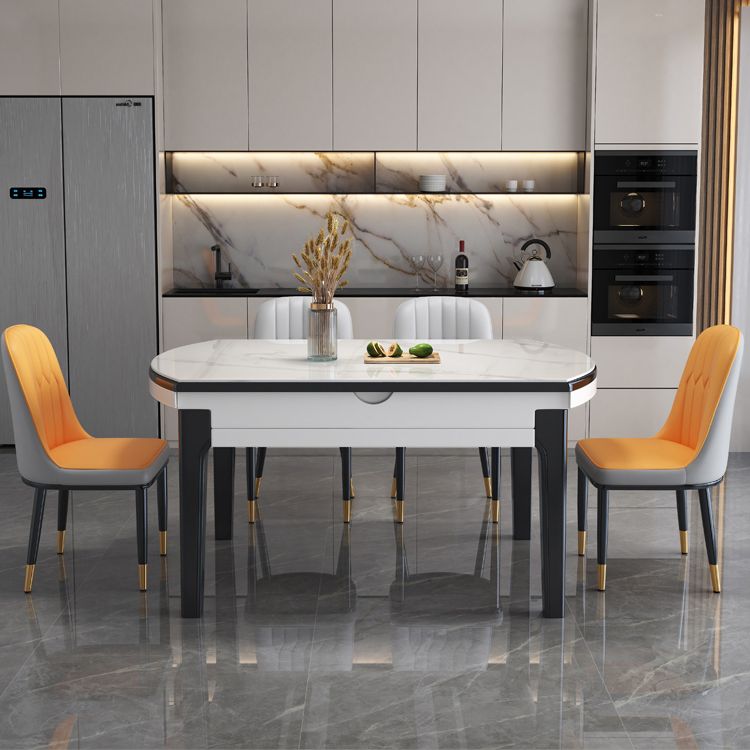 Modern Round Expandable Retractable Stone Top Dining Table with Black Wood Base
