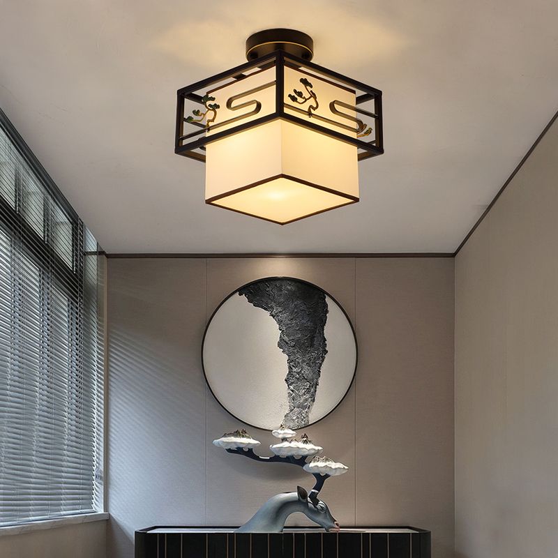 Black Semi-Flush Ceiling Light Traditional Fabric Squared Semi Flush Mount Light