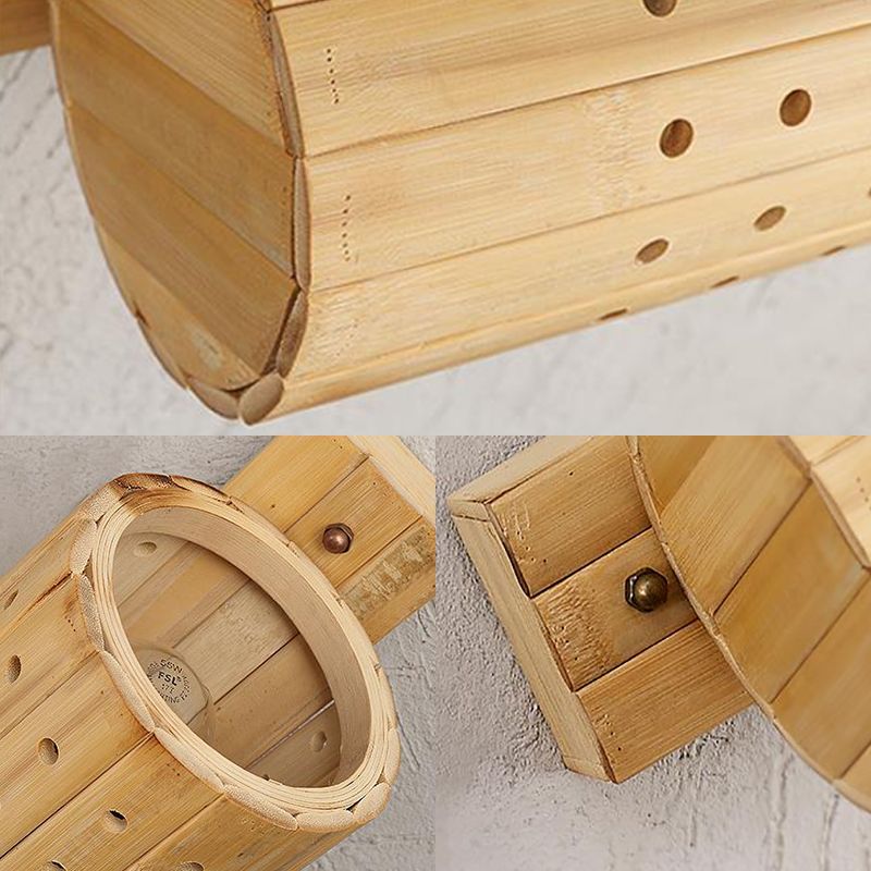 1 Bulb Tearoom Sconce Lamp Asian Wood Wall Light Fixture with Erhu Bamboo Shade