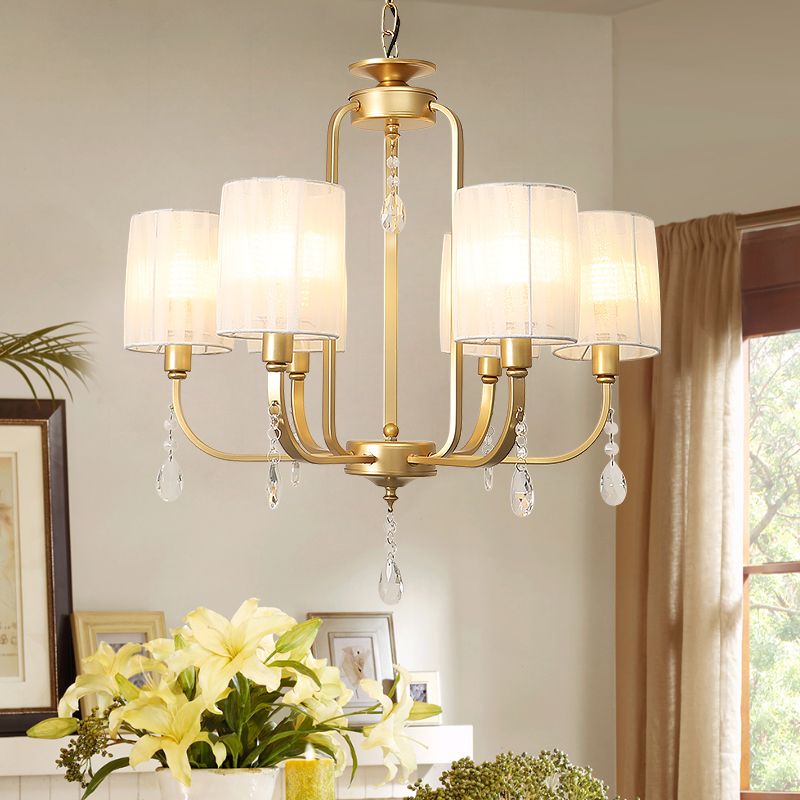 Brass 6 Heads Chandelier Lighting Country Style Fabric Cylinder Pendant Light for Living Room