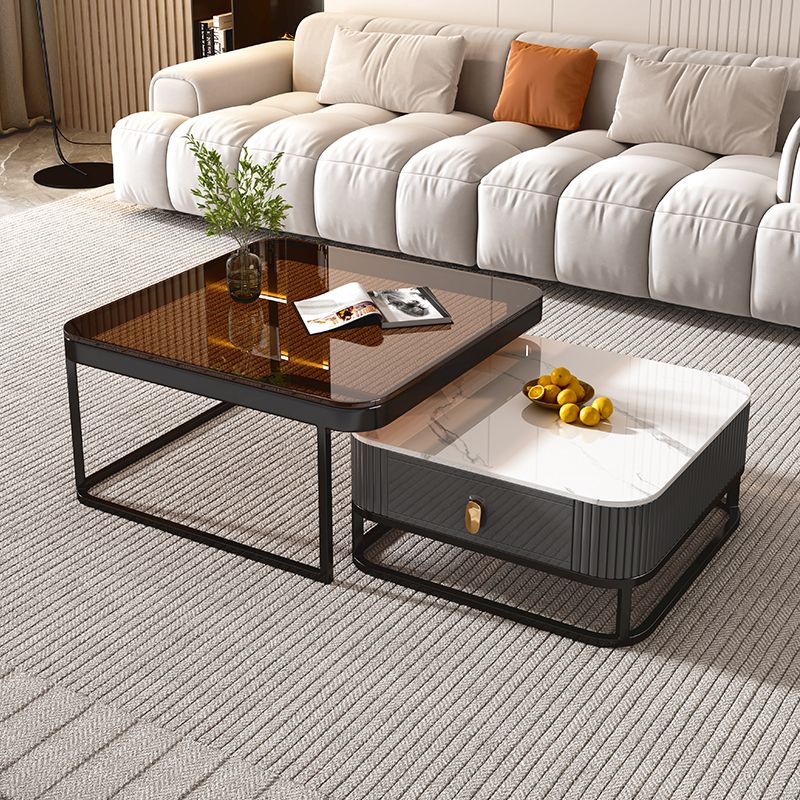 Glam Coffee Table Set Slate 2-Piece Coffee Cocktail Table with Drawer