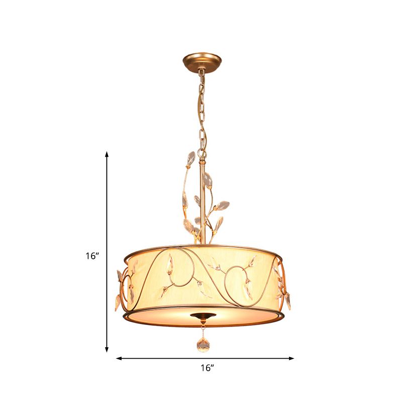 Cage de tambour métallique Lumière suspendue Vintage Multi Light Light Light avec Crystal Deco and Fabric Shade en blanc