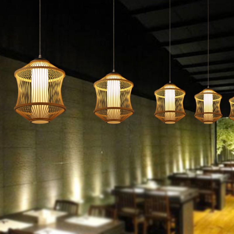 1 Head Restaurant Ceiling Lamp with Cylinder Bamboo Shade Asian Style Beige Hanging Light Fixture