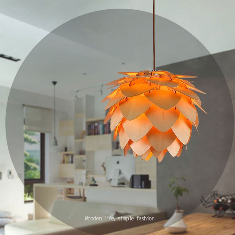Modern Wood Ceiling Light Fixture 1-Light Pine Cones Pendant Light for Dining Room