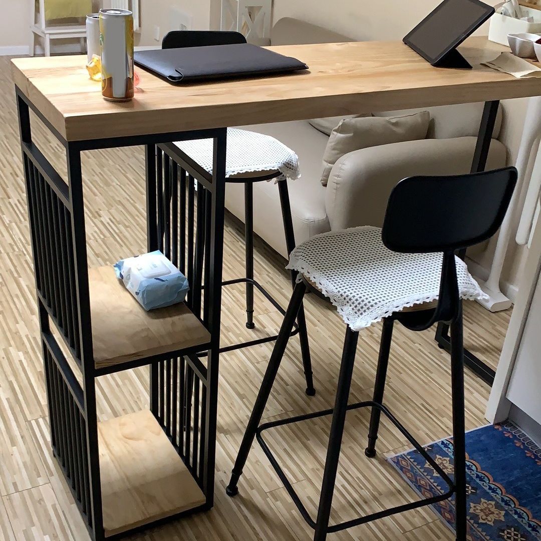 Industrial Style Bistro Bar Table Wood Rectangle Metal Base Bar Table