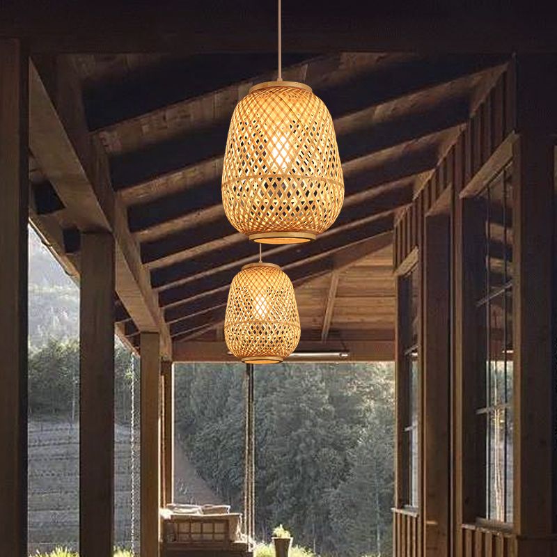 Lantern Shaded Bamboo Suspension Lighting Minimalist 1 Head Wood Pendant Ceiling Light
