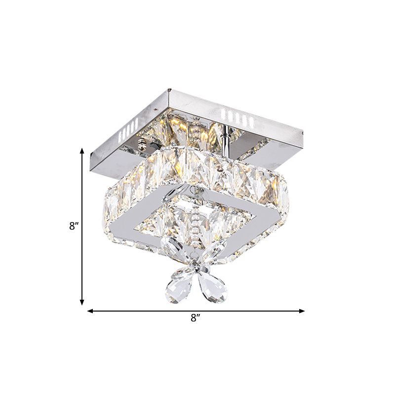 Square Beveled Crystal Semi Flush Mount Contemporary 8"/12" Wide LED Chrome Ceiling Fixture with Floret Design