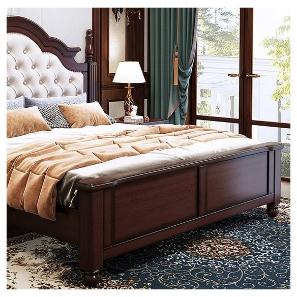 57.08" High Bed Mid-Century Modern Rubberwood Standard Bed with Upholstered Headboard