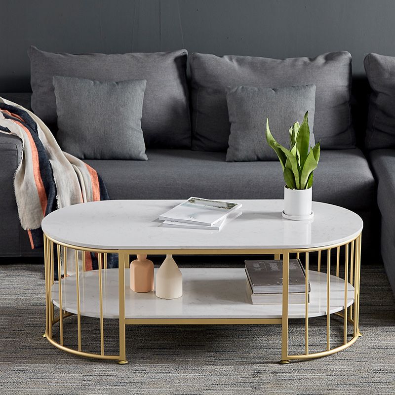 Glam Oval Marble Coffee Table 17.7"H Steel Sled Cocktail Table with Shelf