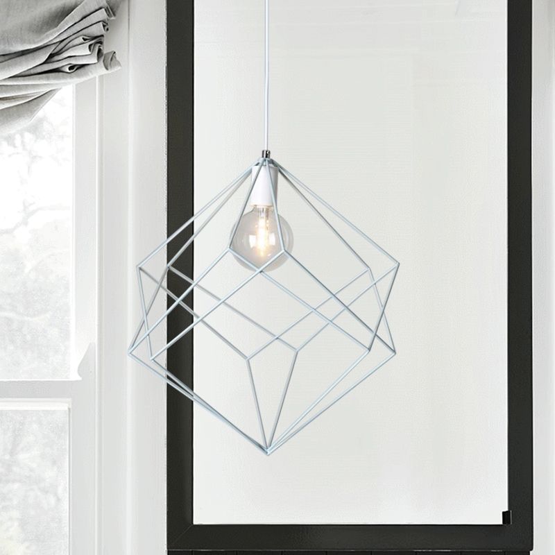 1 Head Cube Cage Pendant Light Macaron Iron Undertint Hanging Lamp for Dining Table Hallway
