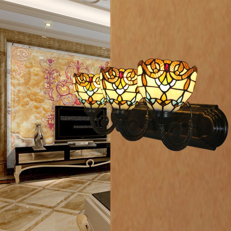 Stained Glass Brass Wall Lamp Scalloped Dome 3 Heads Tiffany Wall Mounted Lighting for Corridor