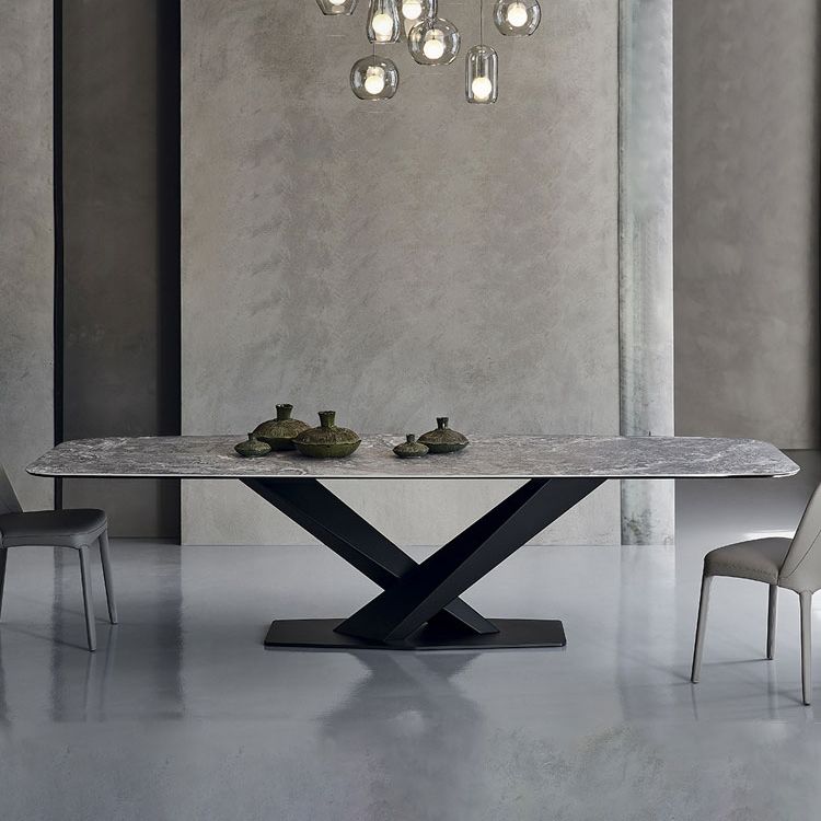 Rectangle Contemporary Dining Room Table Sintered Stone Table with Black Pedestal Base