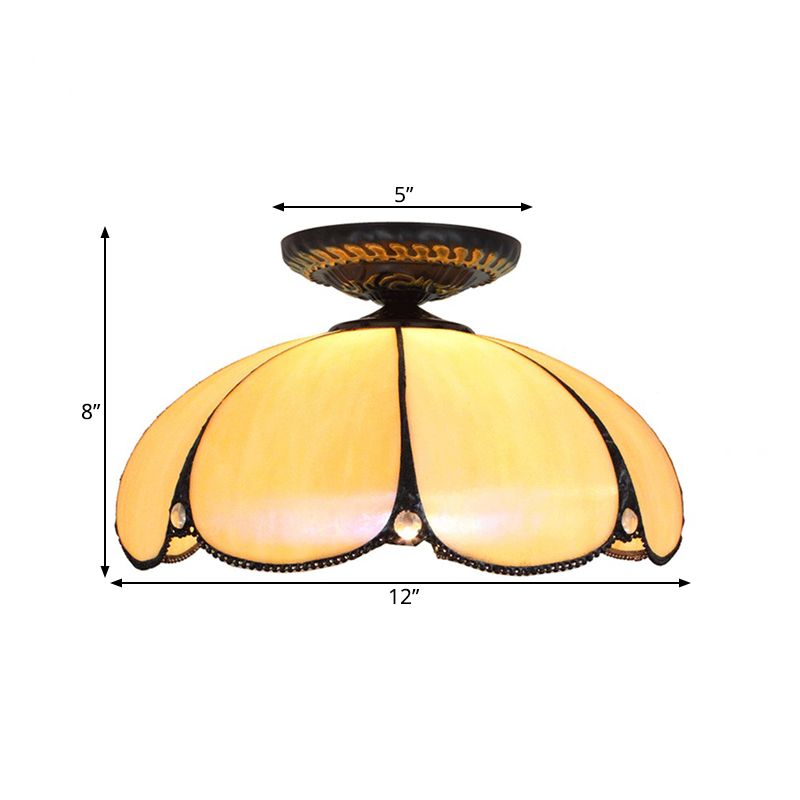 1 Light Scalloped Ceiling Lighting Tiffany White Metal Flush Mount Light Fixture for Bedroom