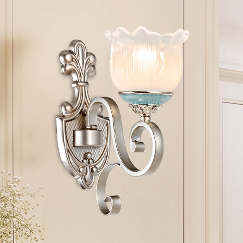 Silver 1/2-Head Wall Lighting Traditional Cream Glass Blossom Wall Sconce Light with Scrolled Arm