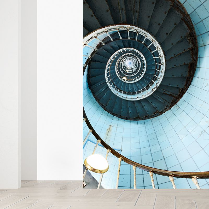 Blue Spiral Stairs Wallpaper Mural Looking-Up View Modern Stain-Proof Wall Art for Bedroom