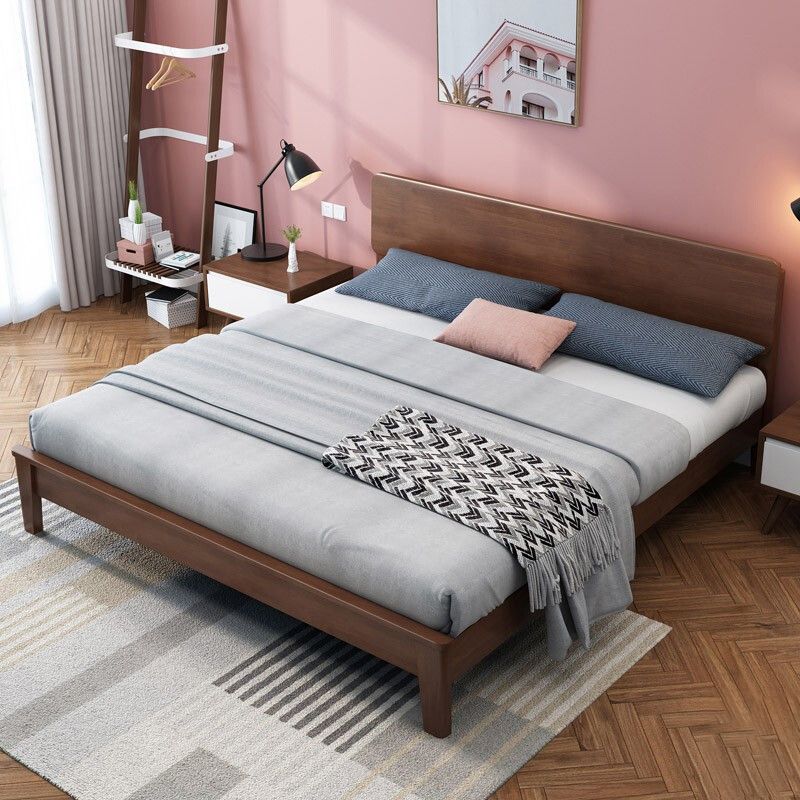 Traditional Solid Wood Panel Bed 34.65" H Low Profile Bed Frame Set in Brown