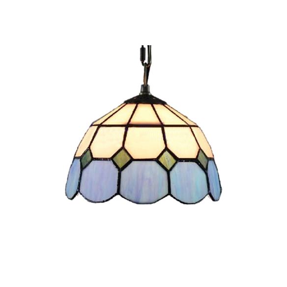 Bowl Pendant Light Single Bulb Stained Glass Tiffany-Style Hanging Lamp in Blue and White