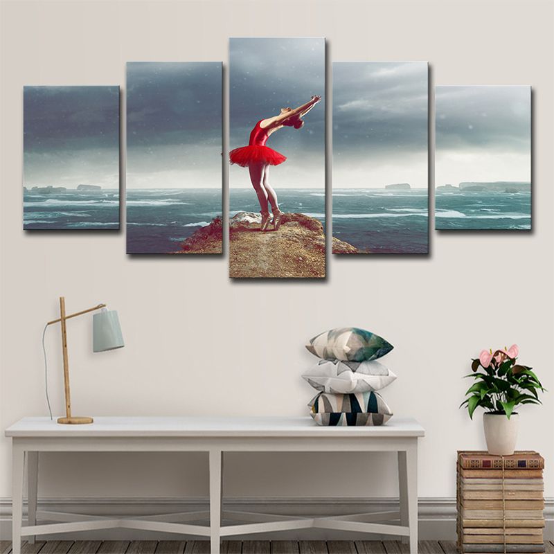 Glam Ballerina Wall Art Blue and Red Ocean Island Scenery Canvas for Living Room
