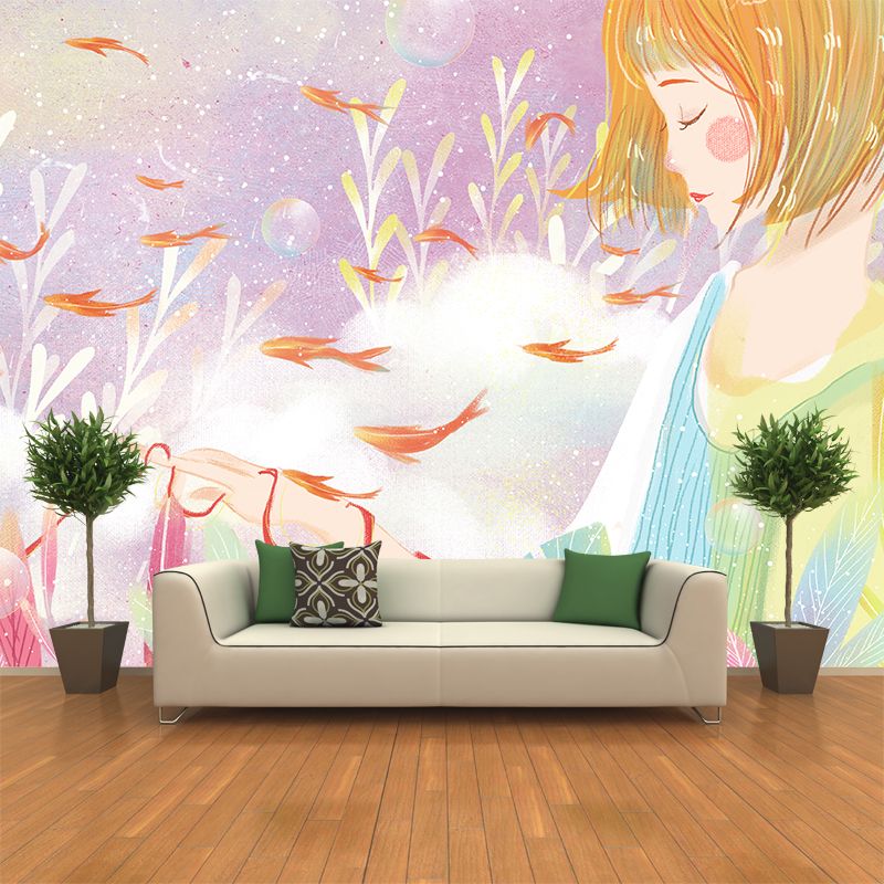 Girl Under Sea Wallpaper Mural Cartoon Waterproofing Bedroom Wall Art, Custom Size Available